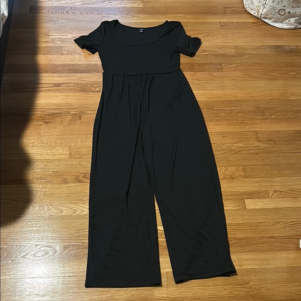 Petite ribbed black wide leg jumpsuit